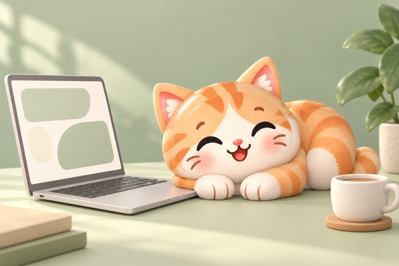 A sleepy orange kitten resting beside a laptop and a cup of coffee in a soft green workspace